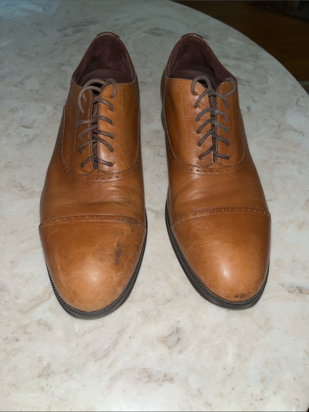 Cole Haan Mens Tan Leather Cap-Toe Oxfords with Brogue Detail